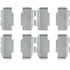 Six symmetrical Metro 9184Z additional plated tabs, used for Super Erecta Solid Shelving, are displayed in two rows and three columns on a white background. Each tab, sold in a bag of six, has a central hole and notched edges on two opposite sides.