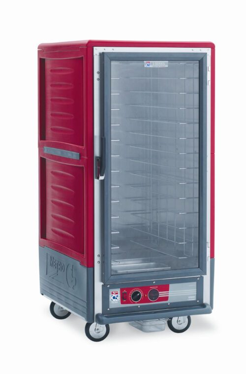The Metro C537-HLFC-4A is a 3/4 height, red insulated holding cabinet with a full-length clear door. It features fixed wire slides and metal shelves inside, with wheels and control knobs for optimal temperature during transit. Operates at 120V, 60Hz, and 1440W.