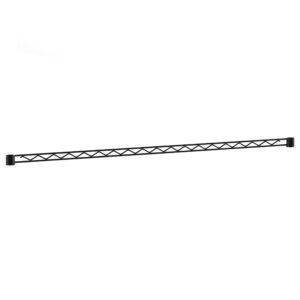 The 48 Metro H148B Super Erecta Hanger Rail in black features a crisscross pattern and flat rectangular ends, showcasing its sleek design and functional elegance against a white background.