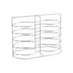 The Metro MBQ-P1-17 rack, a 10-plate capacity open plate carrier for MBQ one-door banquet cabinets, with a chrome finish and multiple horizontal slots for can storage, features a wire-frame grid-like design ideal for kitchen organization.