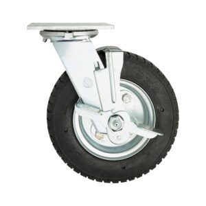 The Metro C8SPNB 8 Monoprene Rubber Semi-Pneumatic Swivel/Brake C-Plate Caster features a black tire, gray metal parts, a sturdy mounting plate, and brake lever. This heavy-duty caster is ideal for made-to-order truck dollies and marked with 8 x 2 and BOSRICH.