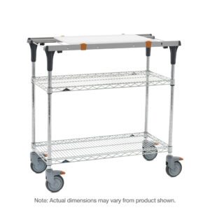 The Metro MS1830-BRBR-PK1 PrepMate MultiStation boasts Brite Zinc Wire top and bottom shelves with chrome posts, solid white top shelf, gray handles, and four large wheels. Note: Dimensions may vary from those shown.