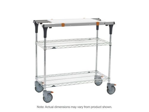 72oa46d7qfkt549zhgeo2i5owfkqaexk.jpg The Metro MS1830-BRBR-PK1 PrepMate MultiStation boasts Brite Zinc Wire top and bottom shelves with chrome posts, solid white top shelf, gray handles, and four large wheels. Note: Dimensions may vary from those shown.