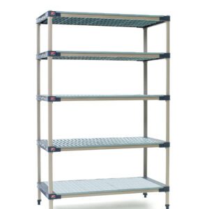 The MetroMax 4 5-Shelf Plastic Industrial Shelving Starter Unit (Model: 5X317H4) features five tiers including a solid bottom shelf, adjustable legs, and perforated shelves. With dimensions of 18 x 24 x 74, the actual size may slightly vary from the description.