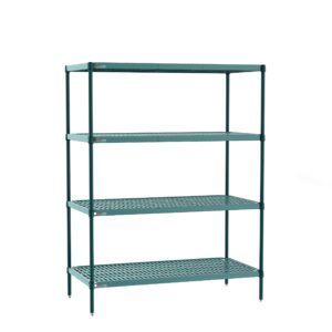 The Metro PR-243663K3-S-4 Shelving Unit measures 24x36x63 and includes four adjustable wire shelves with removable plastic mats on sturdy legs, ideal for restaurants.