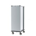 The Metro CD3NA33 CD Series Bun Pan Delivery/Storage Cabinet features a sleek, metallic design with gray continuous bumpers and reinforced corners. It is tall, rectangular, has a smooth surface on four caster wheels, and accommodates 35 pans for secure transportation or storage.