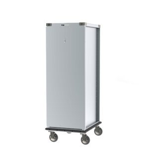 The Metro CD3NA33 CD Series Bun Pan Delivery/Storage Cabinet features a sleek, metallic design with gray continuous bumpers and reinforced corners. It is tall, rectangular, has a smooth surface on four caster wheels, and accommodates 35 pans for secure transportation or storage.