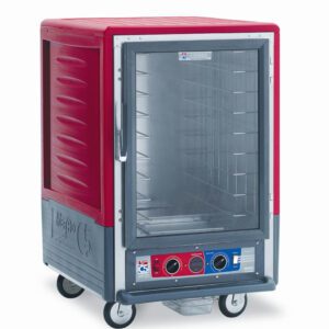 The Metro C535-CXFC-L C5 3 Series Insulated Holding/Proofing Cabinet is a 1/2 height unit with a full-length clear door, red color, lip load aluminum slides, control knobs at the bottom, and durable wheels for easy mobility. Its compatible with 220-240V power and operates at 50/60Hz and 1681-2000W.