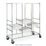 The Metro PT3C-5MP Triple-Bay Tote Rack features polyurethane casters and measures 26 x 60.875 x 68. It includes metal wire shelving for storage totes; only a few white ones are shown, but totes are not included.