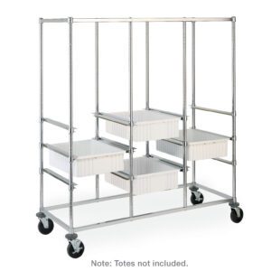 The Metro PT3C-5MP Triple-Bay Tote Rack features polyurethane casters and measures 26 x 60.875 x 68. It includes metal wire shelving for storage totes; only a few white ones are shown, but totes are not included.