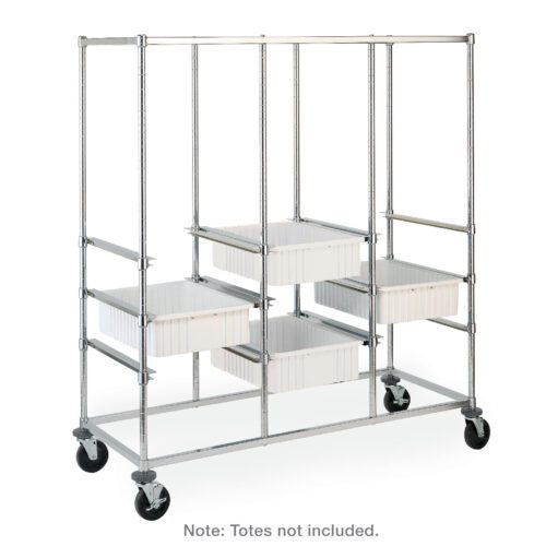 7bpa4rn855y4rwajx884att3zekxb2o3.jpg The Metro PT3C-5MP Triple-Bay Tote Rack features polyurethane casters and measures 26 x 60.875 x 68. It includes metal wire shelving for storage totes; only a few white ones are shown, but totes are not included.