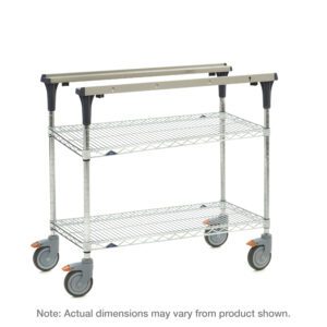 The Metro MS1830-BRBR PrepMate MultiStation 30 features Brite Zinc Wire top and bottom shelves with Chrome posts, large wheels, and a sleek black and silver design that enhances any space. Note: Actual dimensions may vary from product shown.