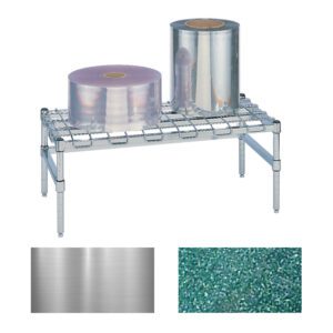A Metro HP31C Super Erecta Heavy-Duty Dunnage Rack, Chrome, 18 x 24, displays two large rolls of reflective material, one silver and one purple. Below are swatches: one with a chrome brushed metal texture and the other with a green textured surface.