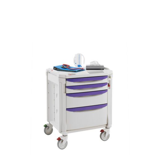 Introducing the Metro FLBED Flexline Bedside Cart, a stylish purple and white medical cart with four drawers and wheels for easy mobility. Its top surface conveniently holds medical equipment and a digital device, keeping essentials within reach.
