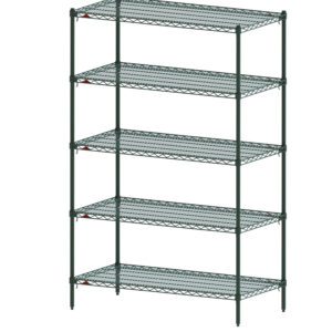 The Metro Super Adjustable Super Erecta 5A437K3 industrial wire shelving starter unit features a five-tier design with a Metroseal Green Epoxy finish. It is shown in a digital rendering, while actual dimensions, 21 x 36 x 74, may vary from the depicted product.