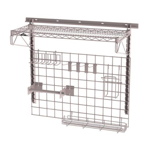 The Metro SWKIT36-BOXK4 is a versatile metal wall-mounted storage rack featuring a wire shelf on top, a grid structure below, and multiple hooks, making it ideal for organizing tools or supplies in any garage or workshop.