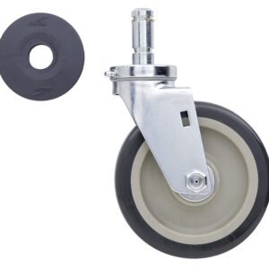 A Metro 6MP 6 Polyurethane Swivel Stem Caster with a metal frame and gray rubber tire is depicted. Beside it, theres a separate black rubber washer with a hole at the center, designed for Super Erecta industrial wire shelving racks and seamless furniture or equipment mounting.