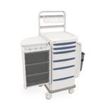 The Metro SXRSCAST Starsys Cast Cart is a mobile medical cart on wheels with multiple compartments, drawers with blue handles, open-side shelves, a top tray, a wire basket, and a side waste bin for efficient organization.