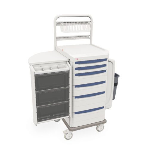 7ihh4chkiolq1kxx63b4gfytfxqzy93v.jpg The Metro SXRSCAST Starsys Cast Cart is a mobile medical cart on wheels with multiple compartments, drawers with blue handles, open-side shelves, a top tray, a wire basket, and a side waste bin for efficient organization.