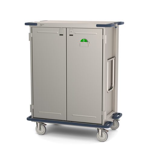 The Metro CaseVue CV36HS-NBH Surgical Case Cart, 45.5W x 28D x 58.25H, has a gray frame, two solid doors, side handle, green indicator light, and reinforced dark blue material on top corners and wheel brackets.