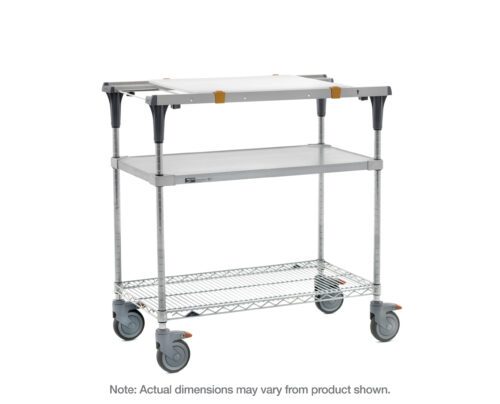 The Metro MS1830-FGBR-PK1 PrepMate MultiStation 30 Prep Station comes with Accessory Pack 1, featuring a solid galvanized top shelf, a brite zinc wire bottom shelf supported by chrome posts, and four casters for easy mobility.