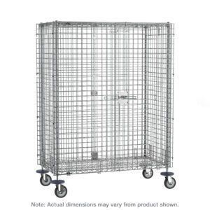 The Metro SEC53ECQ qwikSLOT Mobile Security Shelving Unit in chrome, measuring 27.25 x 40.75 x 67.9375, is a lockable metal wire cage on wheels with a hinged door for secure storage and transport, featuring a sturdy steel frame. Note: Actual dimensions may vary from product shown.