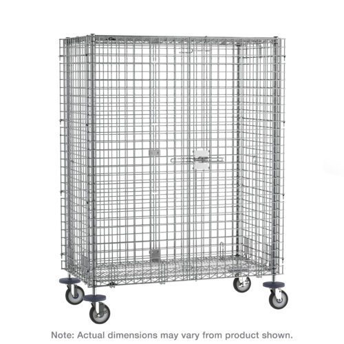 The Metro SEC53ECQ qwikSLOT Mobile Security Shelving Unit in chrome, measuring 27.25 x 40.75 x 67.9375, is a lockable metal wire cage on wheels with a hinged door for secure storage and transport, featuring a sturdy steel frame. Note: Actual dimensions may vary from product shown.