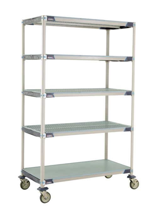 The MetroMax i 5X557EGX3 mobile cart is an industrial plastic shelving unit with five adjustable shelves, a solid bottom shelf, and four swivel casters for easy mobility. This silver and blue reinforced unit measures 24 x 48 x 79.3125.