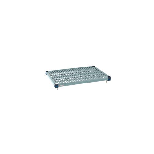 The MetroMax Q MQ2130G Plastic Industrial Shelf with Grid Mat features a grid-like surface and sturdy legs, offering an industrial look for storage systems, measuring 21 x 30.
