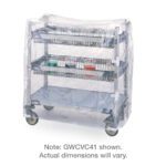The Metro GWCVC62 Clear Glassware Cart Cover fits tall utility carts with three metal shelves and baskets for small jars. Equipped with large wheels for mobility, the cart may have dimension variations.