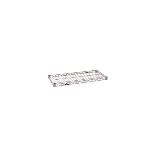The Metro Super Erecta 1430NK4 Industrial Wire Shelf, finished in Metroseal Gray Epoxy and measuring 14 x 30, is seen from above with a grid design and four corner brackets against a white background.