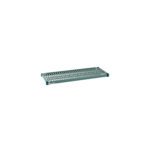 The Metro Super Erecta Pro PR1436NK3 Industrial Wire Restaurant Shelf is a 14 x 36 metal grid shelf with evenly spaced slats and corner brackets. It features a removable plastic mat and comes in a muted blue-green color.