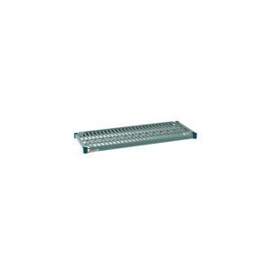 The Metro Super Erecta Pro PR1436NK3 Industrial Wire Restaurant Shelf is a 14 x 36 metal grid shelf with evenly spaced slats and corner brackets. It features a removable plastic mat and comes in a muted blue-green color.