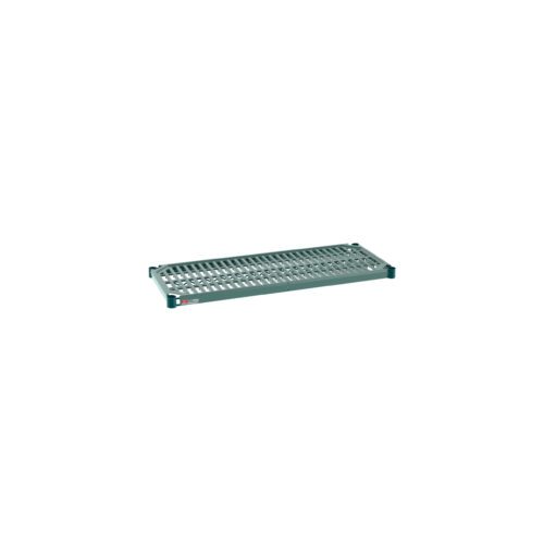 The Metro Super Erecta Pro PR1436NK3 Industrial Wire Restaurant Shelf is a 14 x 36 metal grid shelf with evenly spaced slats and corner brackets. It features a removable plastic mat and comes in a muted blue-green color.