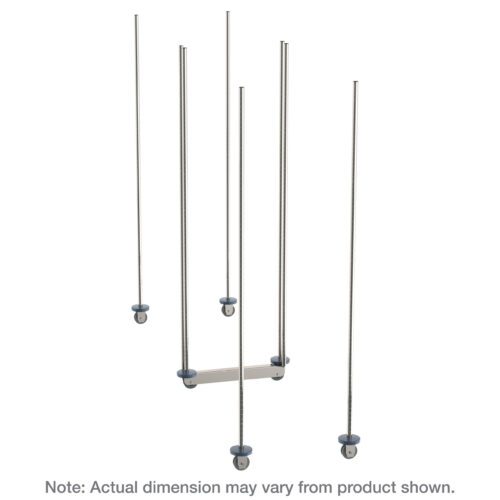 The image displays Metro LBTM21S qwikTRAK Double Deep Mobile Unit Kits for 21 Wide Super Erecta Wire Shelving, featuring stainless steel rods, wheels, and blue disc bases at varying heights. Dimensions may vary from those depicted.