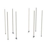 Eight tall, slim polymer posts with small bases are displayed in staggered rows against a white background, evoking the sleek design of the Metro BTEX3 qwikTRAK Stationary End Unit Kit for MetroMax Shelving.