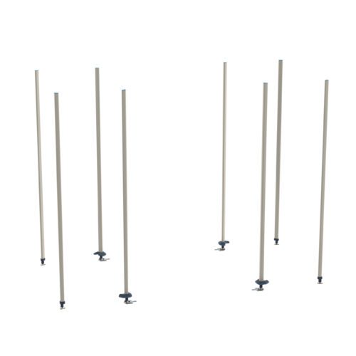 Eight tall, slim polymer posts with small bases are displayed in staggered rows against a white background, evoking the sleek design of the Metro BTEX3 qwikTRAK Stationary End Unit Kit for MetroMax Shelving.