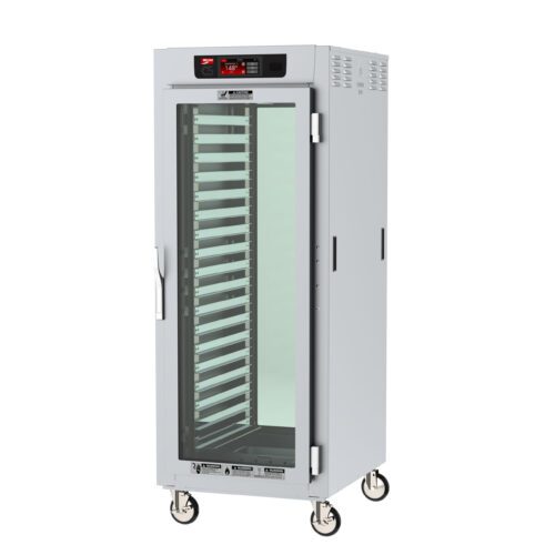 The Metro C589X-SFC-LPFC C5 8 Series is a full-height insulated pass-thru cabinet with a glass door and multiple racks. It features lip load aluminum slides, smooth top control panel, and operates on 220-240V, 50/60Hz for precise temperature settings.