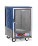 The Metro C535-HXFC-U-BUA C5 3 Series is a half-height insulated holding cabinet with a full-length clear door, blue casing, and bottom control knobs. Powered by 220-240V, 50/60Hz, it includes universal wire slides for tray storage.