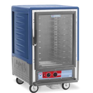 The Metro C535-HXFC-U-BUA C5 3 Series is a half-height insulated holding cabinet with a full-length clear door, blue casing, and bottom control knobs. Powered by 220-240V, 50/60Hz, it includes universal wire slides for tray storage.