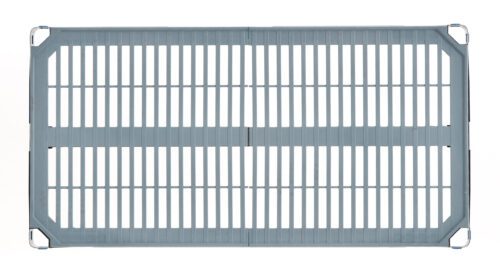 The MetroMax i MX1836G Plastic Industrial Shelf with Grid Mat, 18 x 36, features a rectangular metal grate with vertical bars and corner brackets in a sturdy industrial design, set against a plain white background.