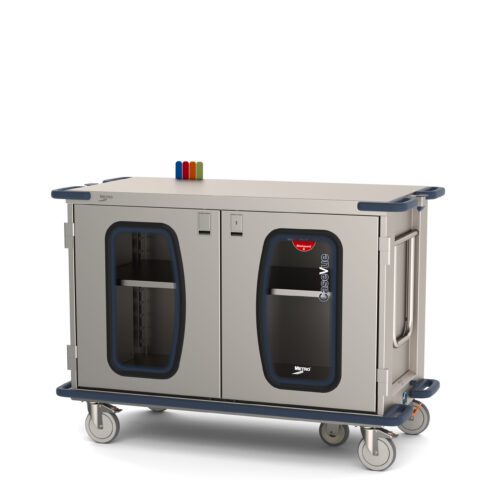 The Metro CaseVue CV48LC-5BFH-S1 Surgical Case Cart features 5th wheel steering, clear doors, a swing-up handle, and a pullout solid shelf. Its sleek design includes color flags on top and measures 57.5W x 28D x 40.625H.