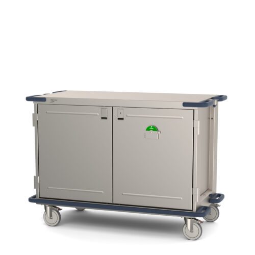 The large gray Metro CaseVue CV48LS-NB Surgical Case Cart, 57.5W x 28D x 40.625H, has double solid doors, a digital lock, four swivel wheels, and blue handles for secure and effortless mobility.