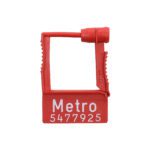 The Metro LEC320 Plastic Security Seals come in a 100 pack, featuring a red design with Metro and 5477925 printed in white, ideal for securing Lifeline and Flexline Carts.