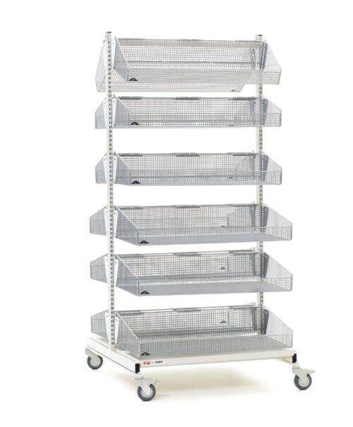 The Metro QB236-M12 qwikSIGHT Double-Sided Shelving Unit, 36 L, features seven baskets and a sleek metal design. It moves smoothly on wheels and is photographed against a plain white background for a minimalist look.