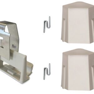 The image depicts parts from the Metro MX9996 Intermediate S Hook Kit for MetroMax i Shelving, including a metal clip with a white plastic base, two central U-shaped hooks, and two end-covering white plastic caps.