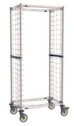 The Metro RS3K4S Side-Load Stainless Steel/Metroseal Gray Wire Bun Pan Rack features 3 slide spacing and an open wireframe design with multiple slot brackets for securing devices, accommodating up to 20 pans. It has four caster wheels at the base for easy mobility.