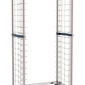 The Metro RS3K4S Side-Load Stainless Steel/Metroseal Gray Wire Bun Pan Rack features 3 slide spacing and an open wireframe design with multiple slot brackets for securing devices, accommodating up to 20 pans. It has four caster wheels at the base for easy mobility.