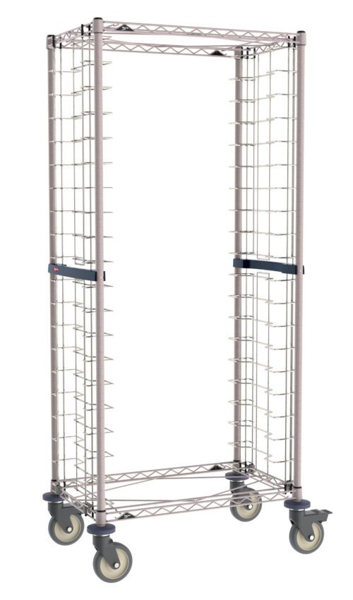The Metro RS3K4S Side-Load Stainless Steel/Metroseal Gray Wire Bun Pan Rack features 3 slide spacing and an open wireframe design with multiple slot brackets for securing devices, accommodating up to 20 pans. It has four caster wheels at the base for easy mobility.