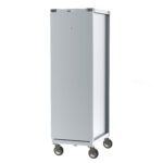 The Metro CD4N CD Series Bun Pan Delivery/Storage Cabinet features a sleek, tall gray metal design with 40 pan capacity, wheels for mobility, a flat top, riveted edges, and a lockable mechanism for secure storage.
